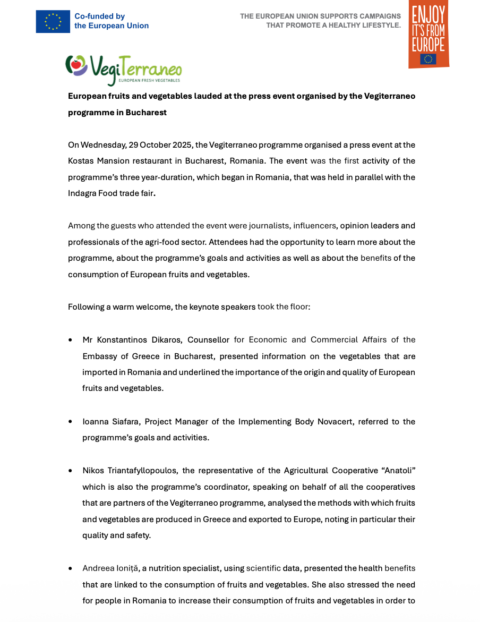 European fruits and vegetables lauded at the press event organised by the Vegiterraneo programme in Bucharest