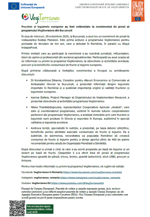 RO: European fruits and vegetables lauded at the press event organised by the Vegiterraneo programme in Bucharest
